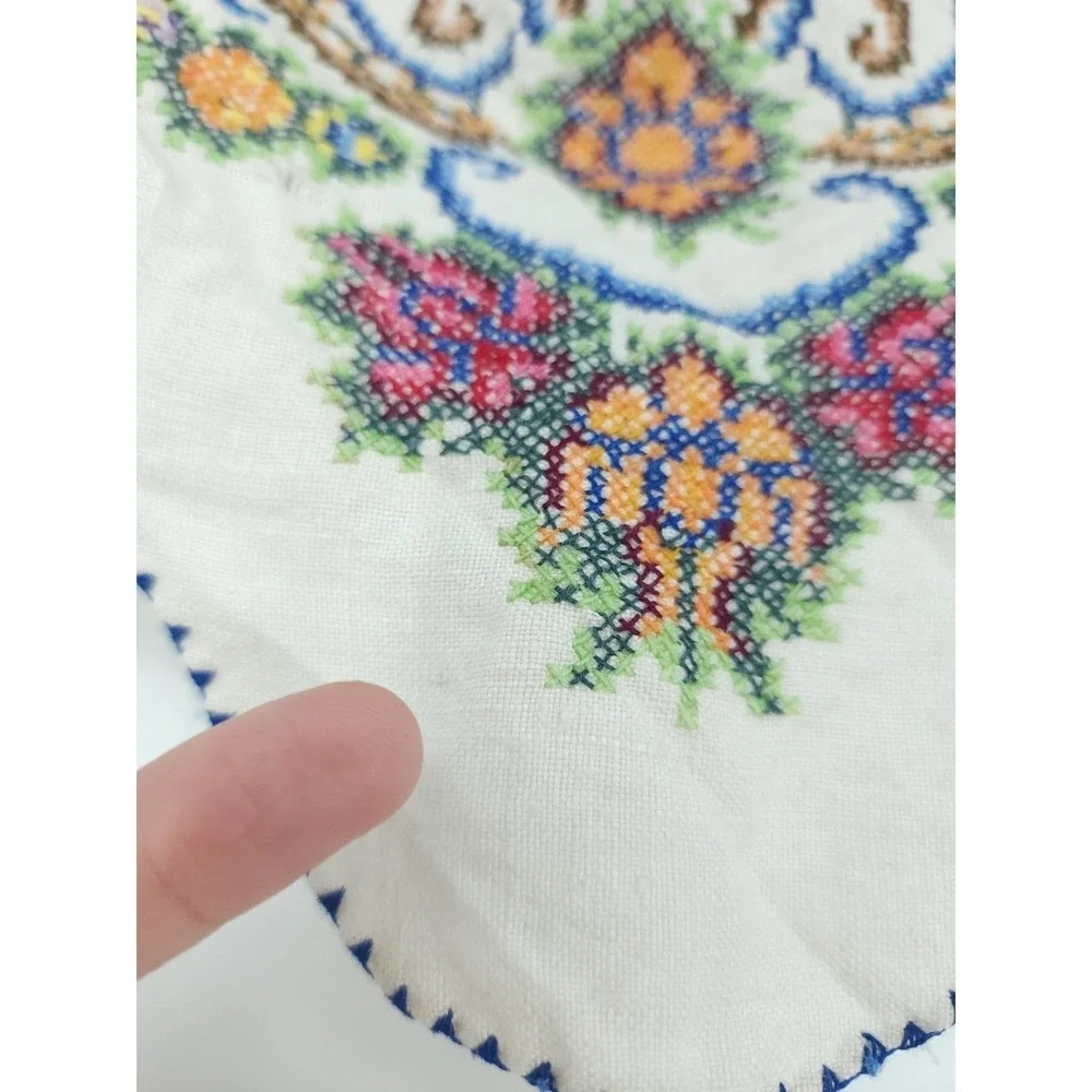 VTG Scandinavian Artistic Floral Embroider Crochet Kerchief Banner Handmade Deco